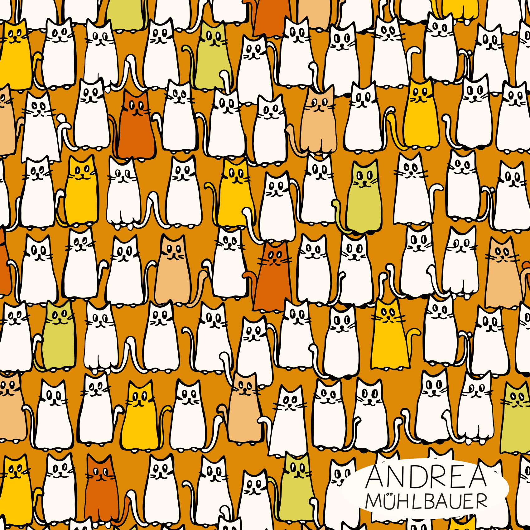 Organic Fabric - Cats Orange Yellow by Andrea Muehlbauer in orange
