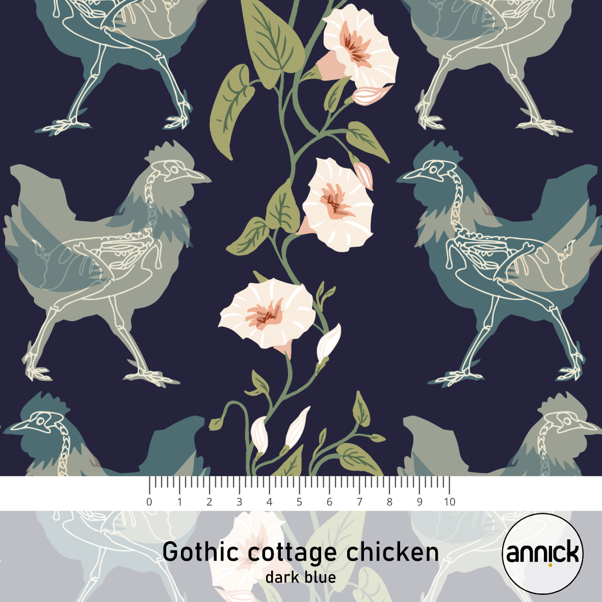Bio Stoff - Gothic Cottage Chicken Dunkelblau von Annick in blau