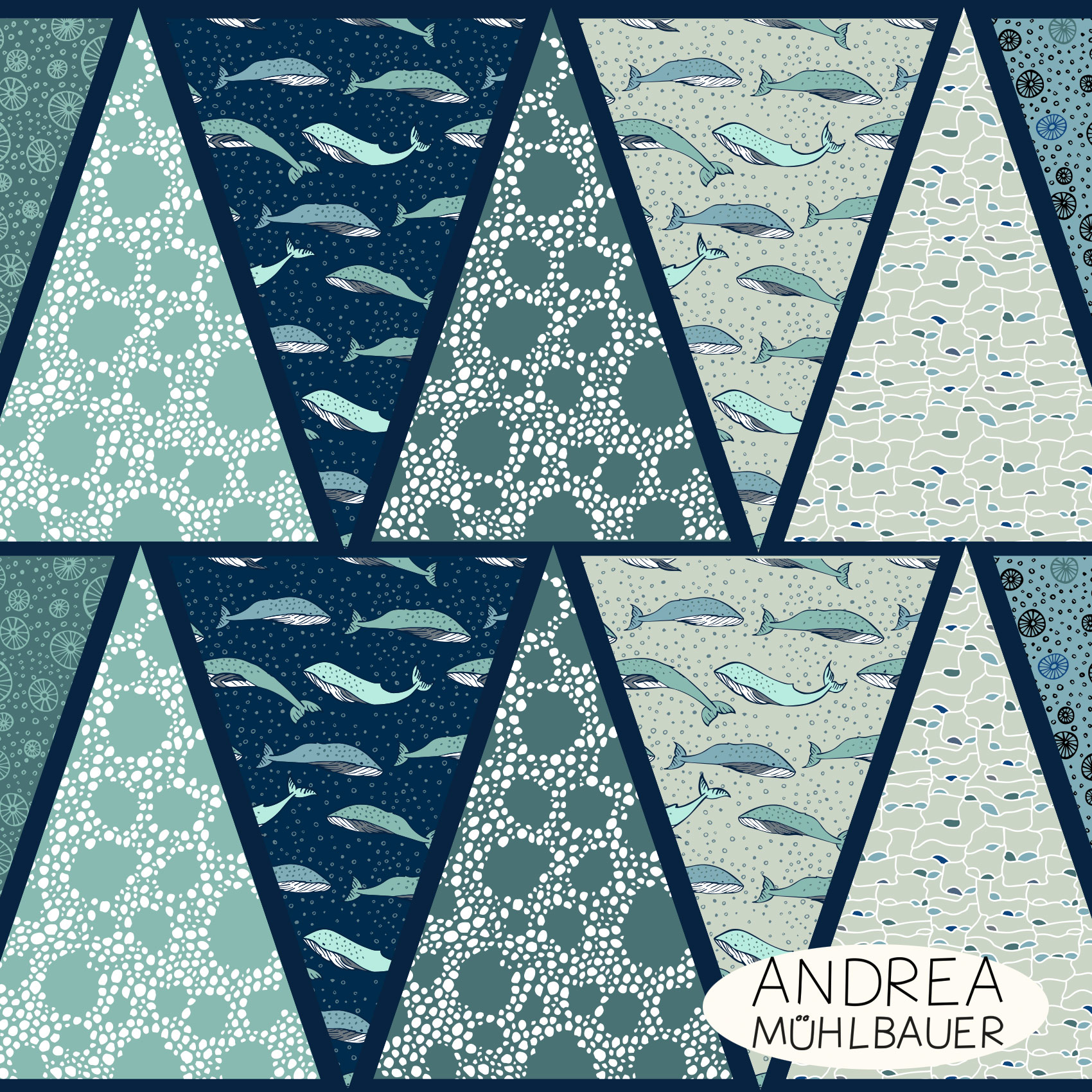 Bio Fabrics - Beach Party Pennant Whales by Andrea Muehlbauer in blue