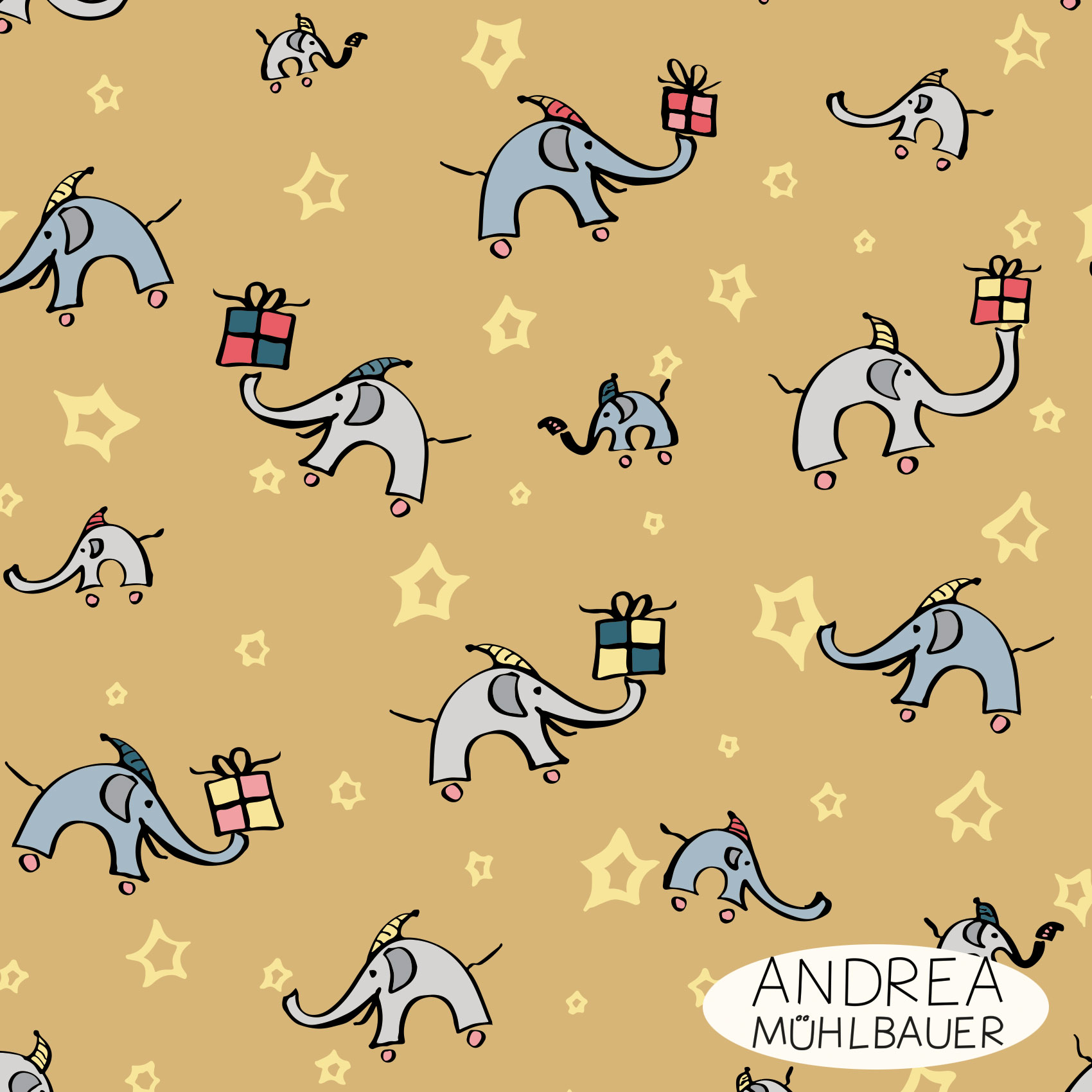 Bio Webware Stoff  - Christmas Elephants and Stars on Honey - AndreaMuehlbauer, Tiere, Weihnachten, gelb, 100% Bio-Baumwolle