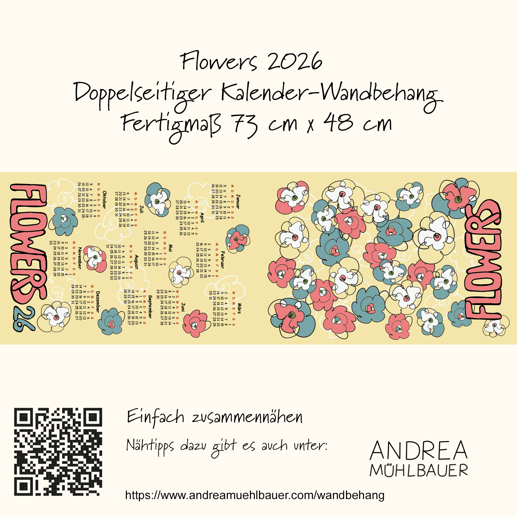 Bio Stoff - 50 cm Panel Comic Flowers Kalender26 von Andrea Muehlbauer in gelb