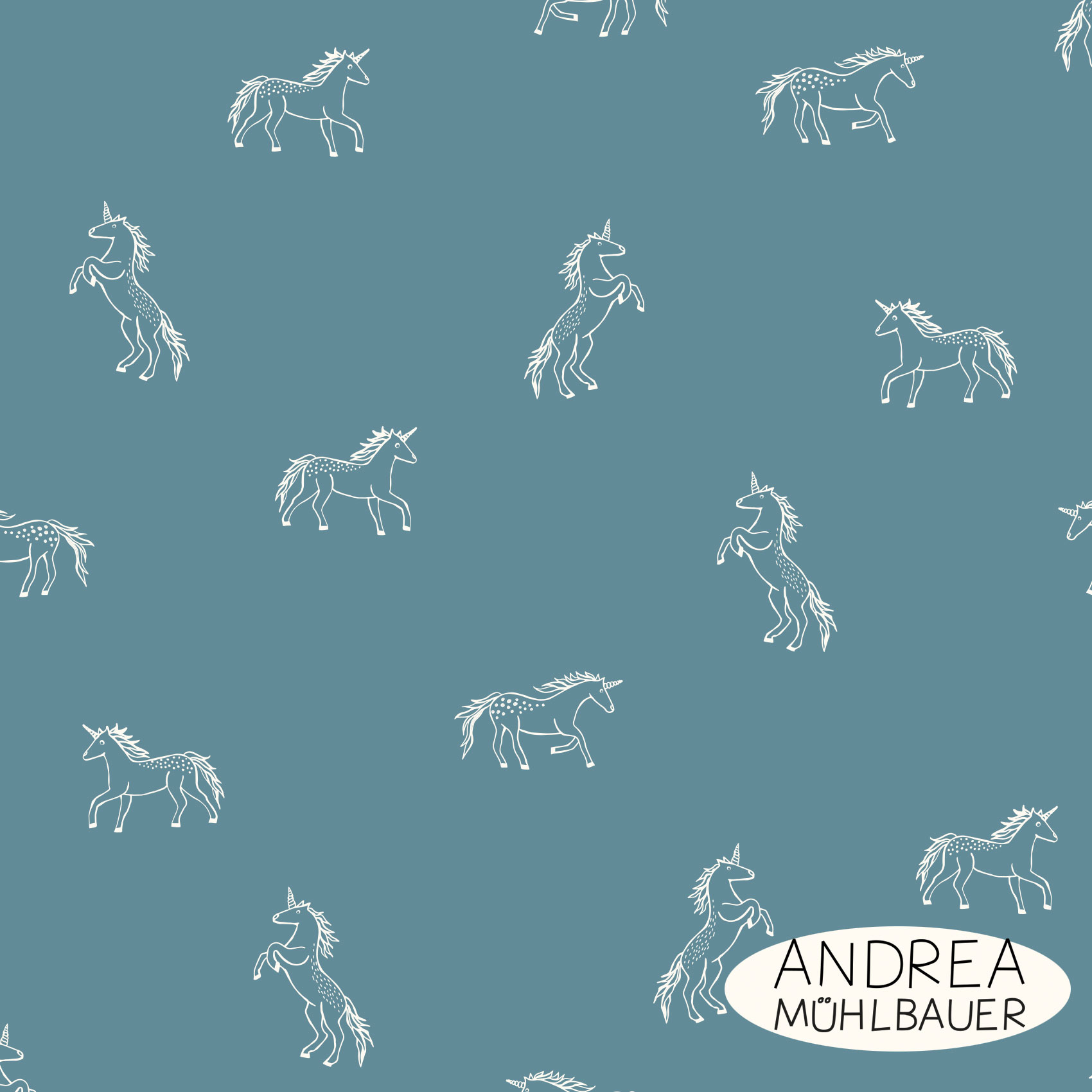 Bio Webware Stoff  -  Einhörner Outlines  - AndreaMuehlbauer, Tiere, blau, Fantasy, 100% Bio-Baumwolle