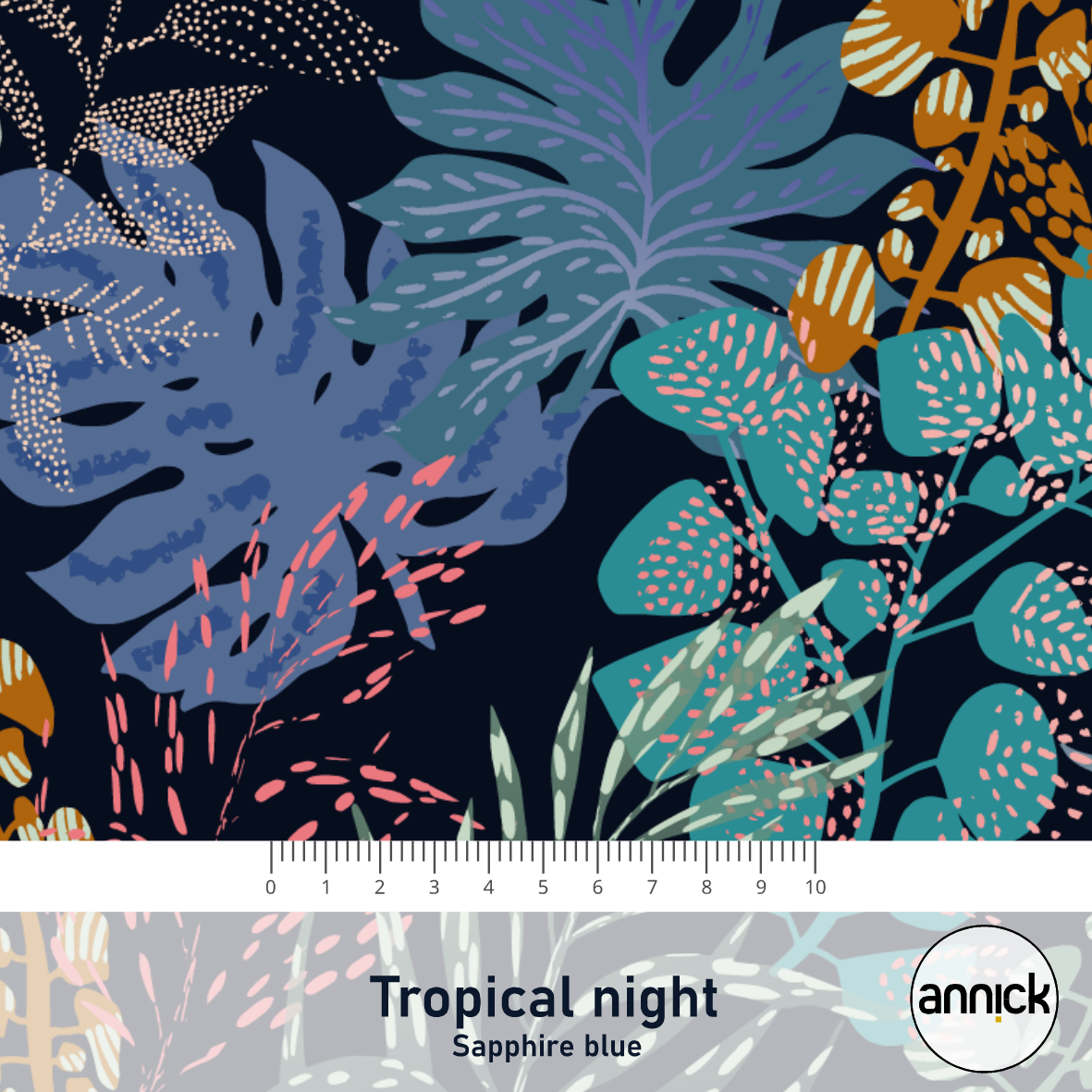 Bio Stoff  -  Tropical Night Sapphire blue  - Annick, Floral & Blumen, blau