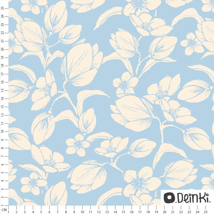 Bio Webware Stoff  - Magnolien Weiss Hellblau - Deinki, blau, Floral & Blumen, 100% Bio-Baumwolle