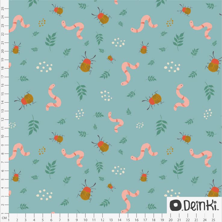 Bio Webware Stoff - Regenwurm und Käfer Hellblau - Deinki, blau, Tiere, Garten, 100% Bio-Baumwolle Bio Webware Stoff - Regenwurm und Käfer Hellblau - Deinki, blau, Tiere, Garten, 100% Bio-Baumwolle