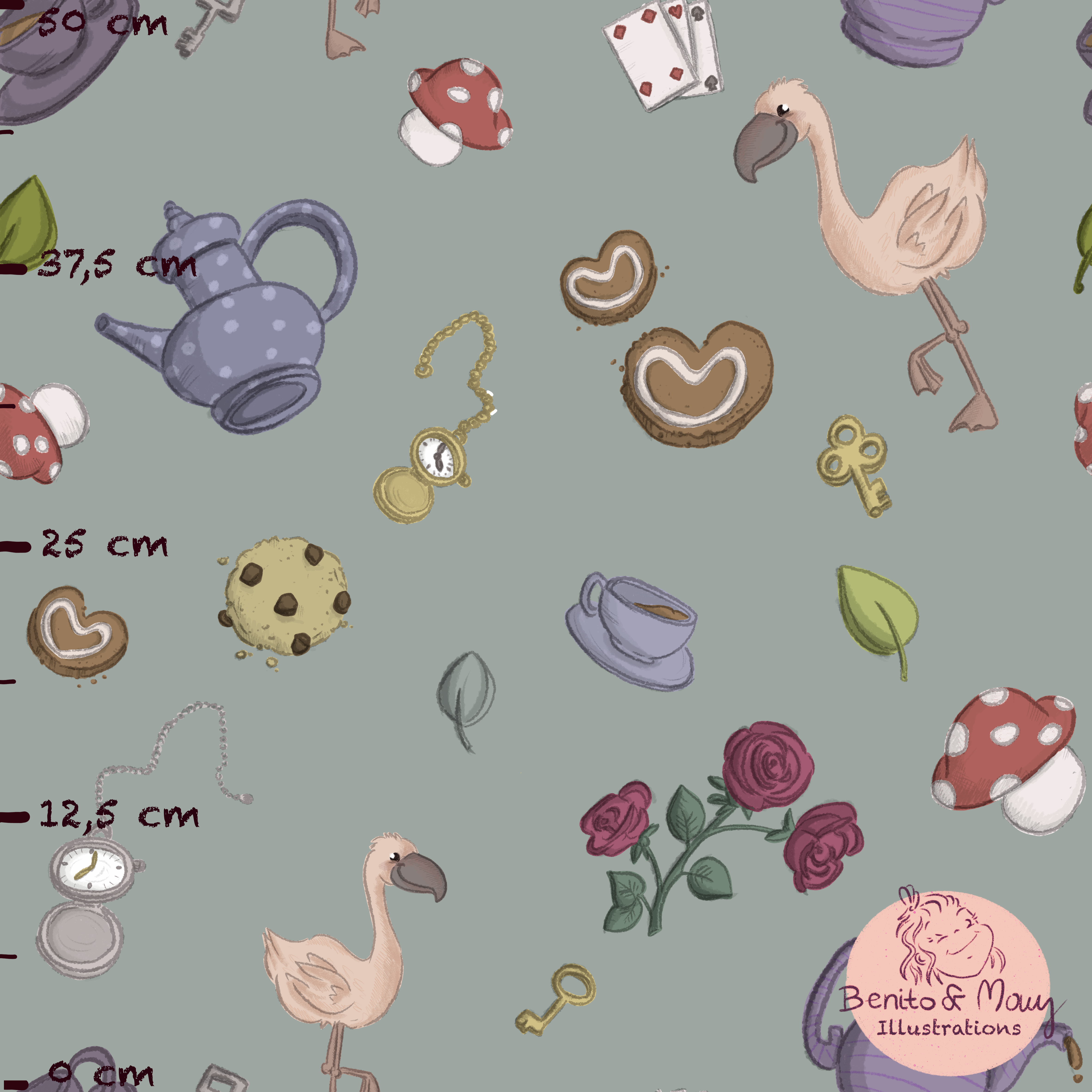 Bio Fabric - Tea Party Green Big by Benito and Mouse Illustrations in green