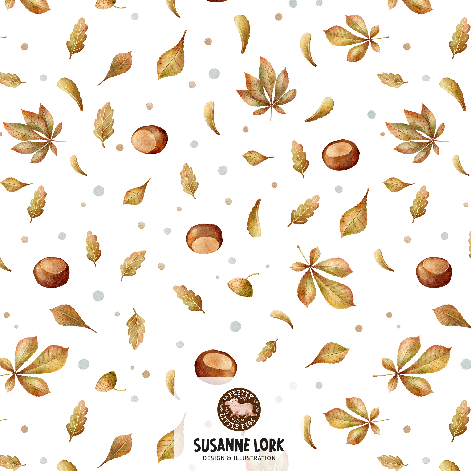 Bio Fabric - Chestnut Animals Leaf Combination White by Pretty Little Pigs in beige
