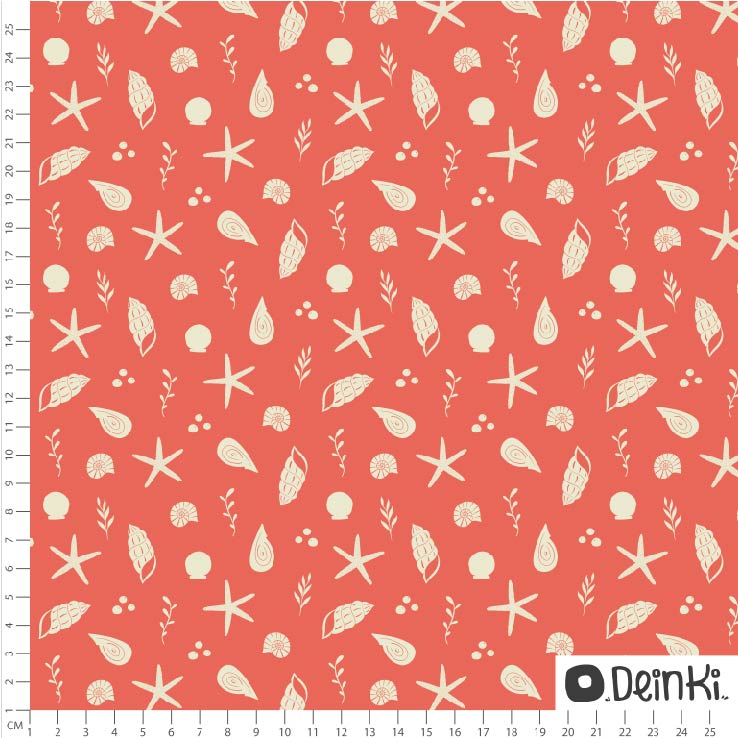 Bio Webware Stoff  -  Muscheln  - Deinki, Maritim, rot, 100% Bio-Baumwolle