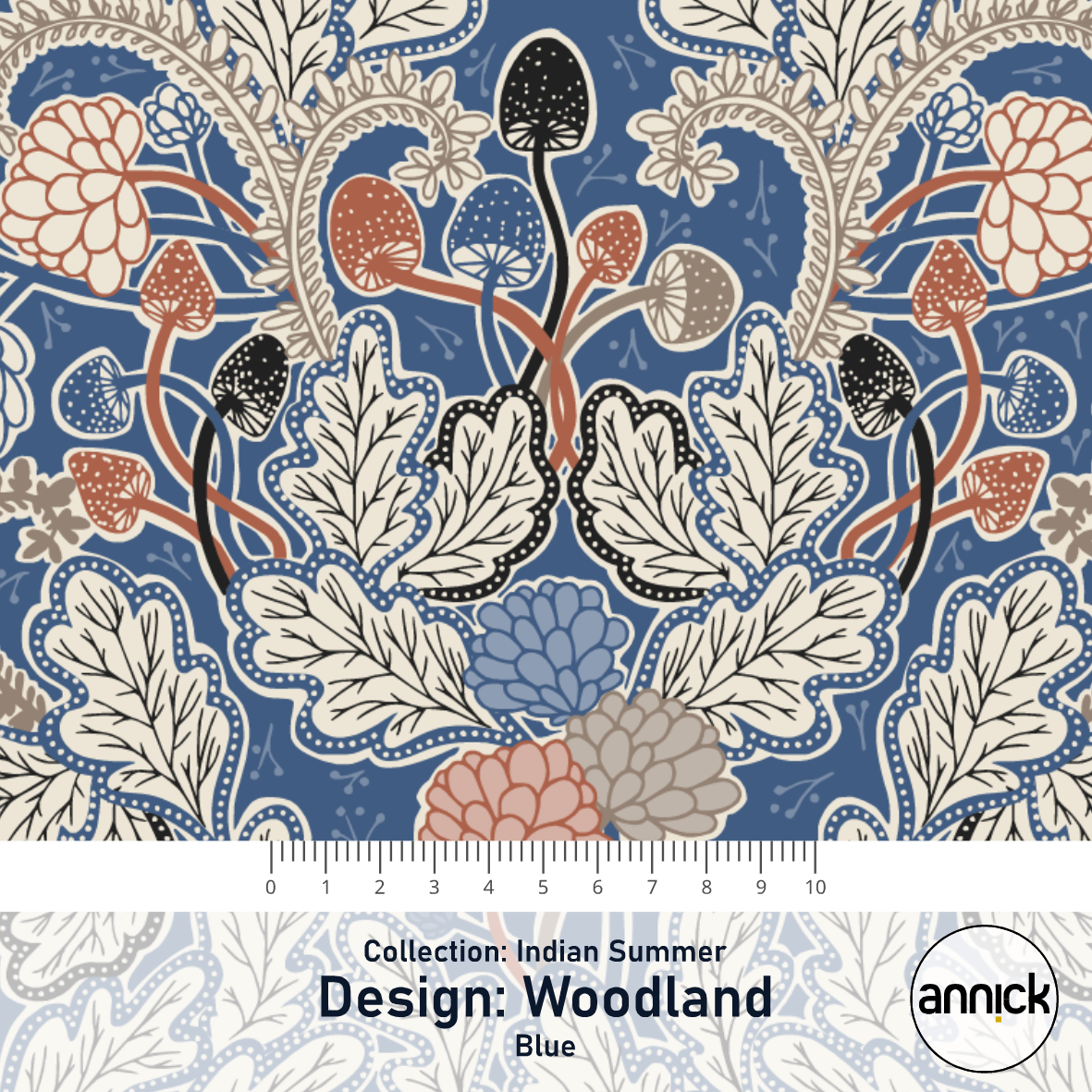 Bio Stoff  -  Indian Summer Woodland Blue  - Annick, Herbst, blau, Blätter & Ranken, Abstrakt