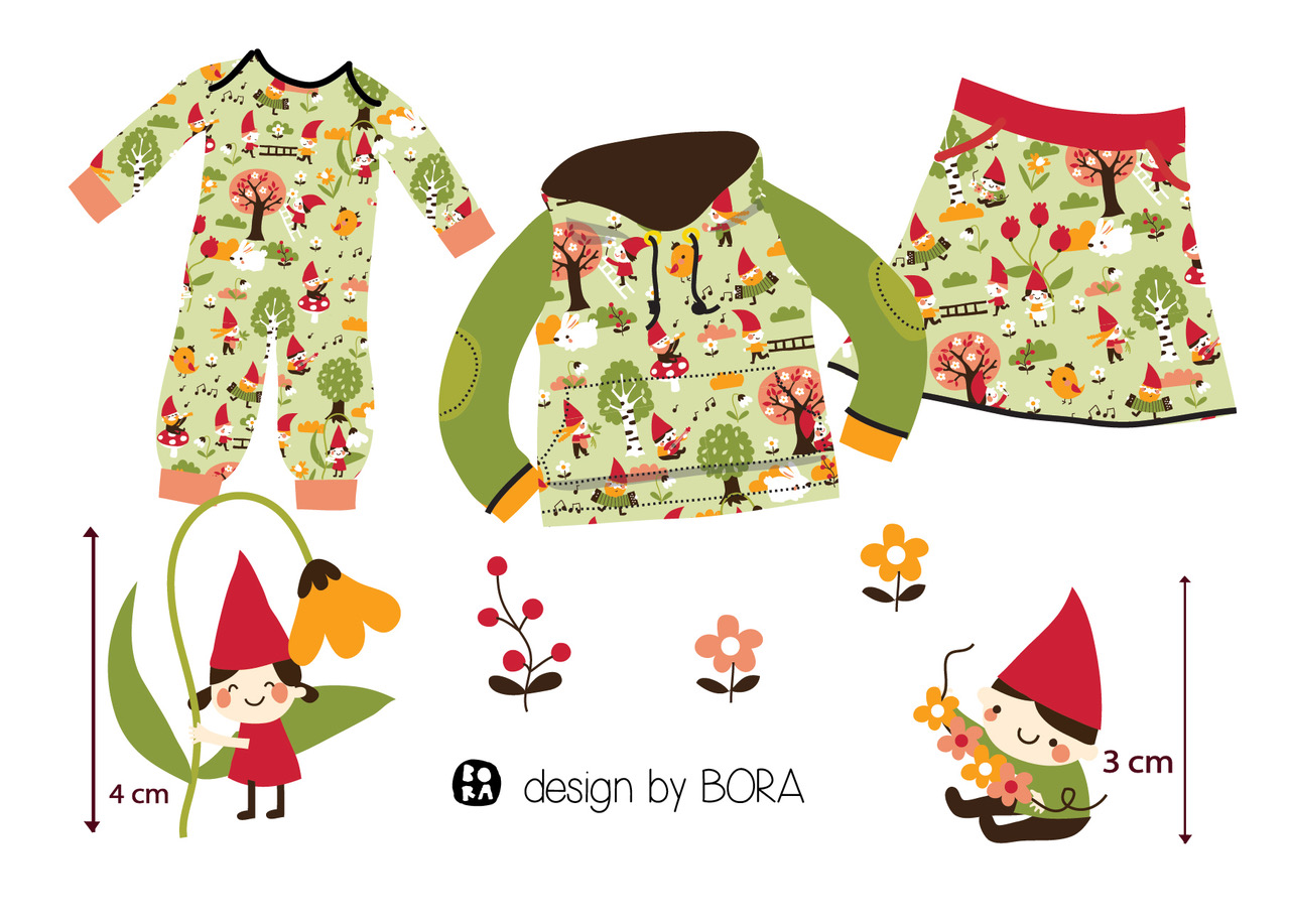 Scuba Stoff  -  Playing Gnomes  - Bora, Wald, rot, grün, Breite 150 cm