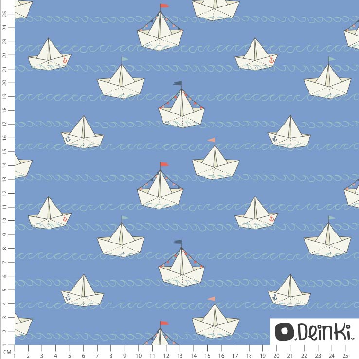 Bio Webware Stoff  -  Papierschiffchen  - Deinki, blau, Maritim, , 100% Bio-Baumwolle