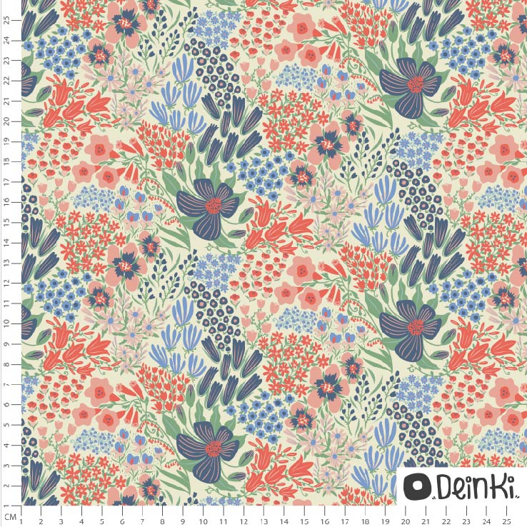Bio Webware Stoff - Blumenwiese - Deinki, Frühling, creme, Floral & Blumen, blau, rot, 100% Bio-Baumwolle Bio Webware Stoff - Blumenwiese - Deinki, Frühling, creme, Floral & Blumen, blau, rot, 100% Bio-Baumwolle