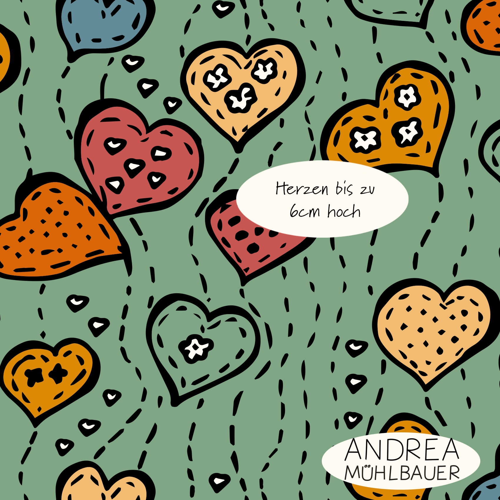 Bio Webware Stoff  - Be my Valentine on Sage - AndreaMuehlbauer, grün, Herzen, 100% Bio-Baumwolle