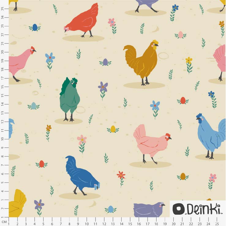 Bio Webware Stoff - Bunte Hühner - Deinki, beige, Tiere, Ostern, 100% Bio-Baumwolle Bio Webware Stoff - Bunte Hühner - Deinki, beige, Tiere, Ostern, 100% Bio-Baumwolle