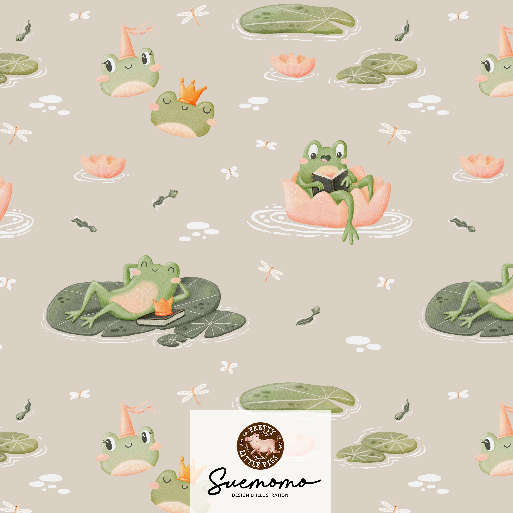 Bio Webware Stoff - Froschkönig Allover - PrettyLittlePigs, Tiere, Fantasy, creme, 100% Bio-Baumwolle Bio Webware Stoff - Froschkönig Allover - PrettyLittlePigs, Tiere, Fantasy, creme, 100% Bio-Baumwolle