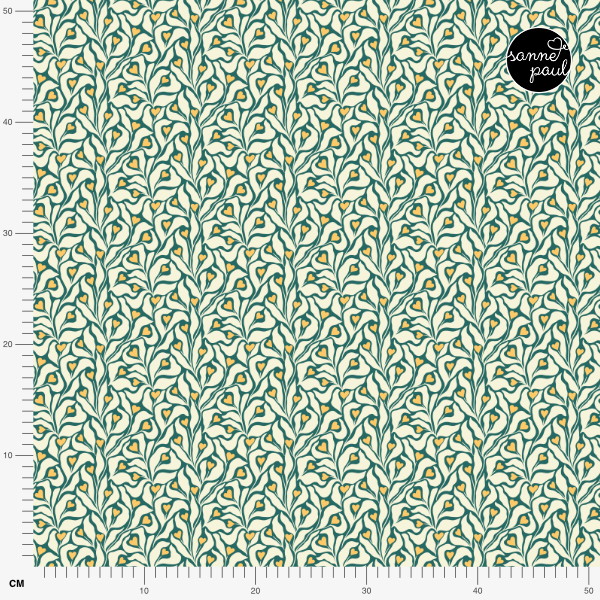 Organic fabric - Sommergold Herzblumen petrol