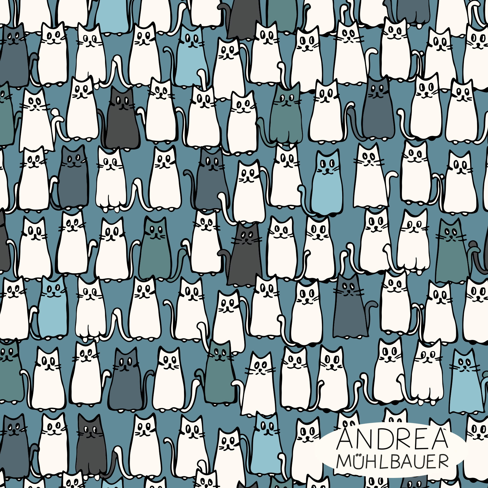 Bio Stoff - Cats Blue von Andrea Muehlbauer in blau Bio Stoff - Cats Blue von Andrea Muehlbauer in blau