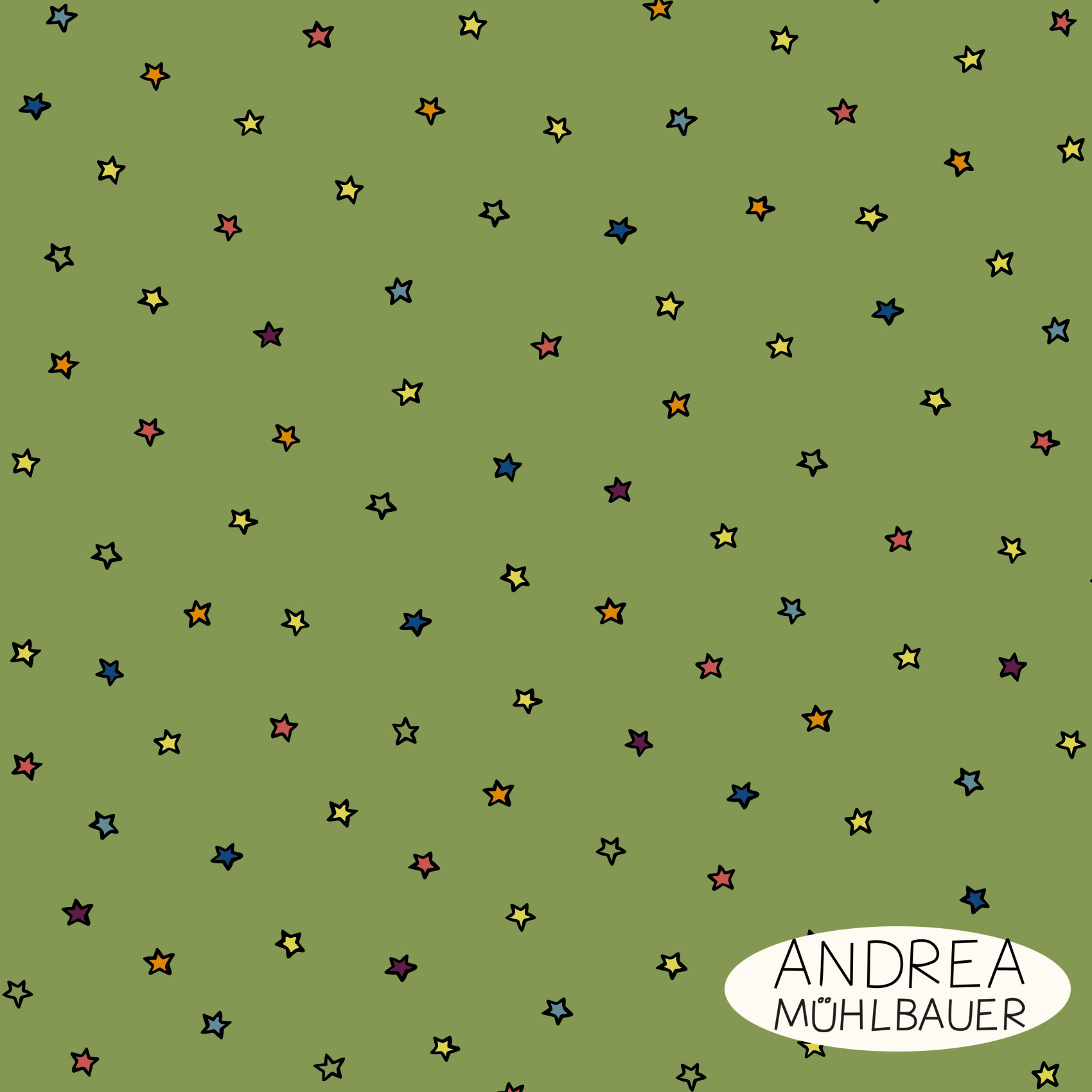 Bio Webware Stoff  -  Stars Green  - AndreaMuehlbauer, grün, Sonne, Mond und Sterne, Fantasy, 100% Bio-Baumwolle