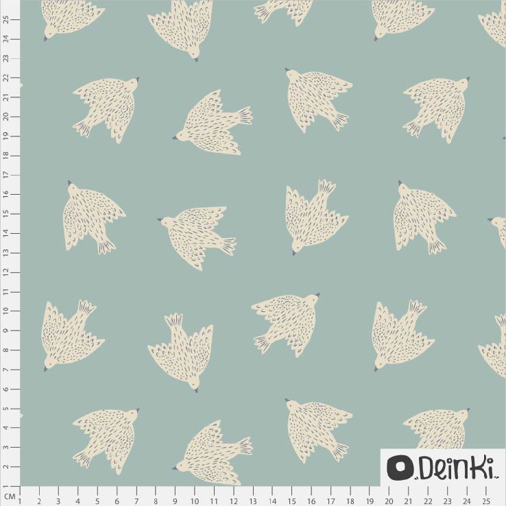Bio Stoff  - Folk Voegel Hellblau Weiss - Deinki, blau, Tiere