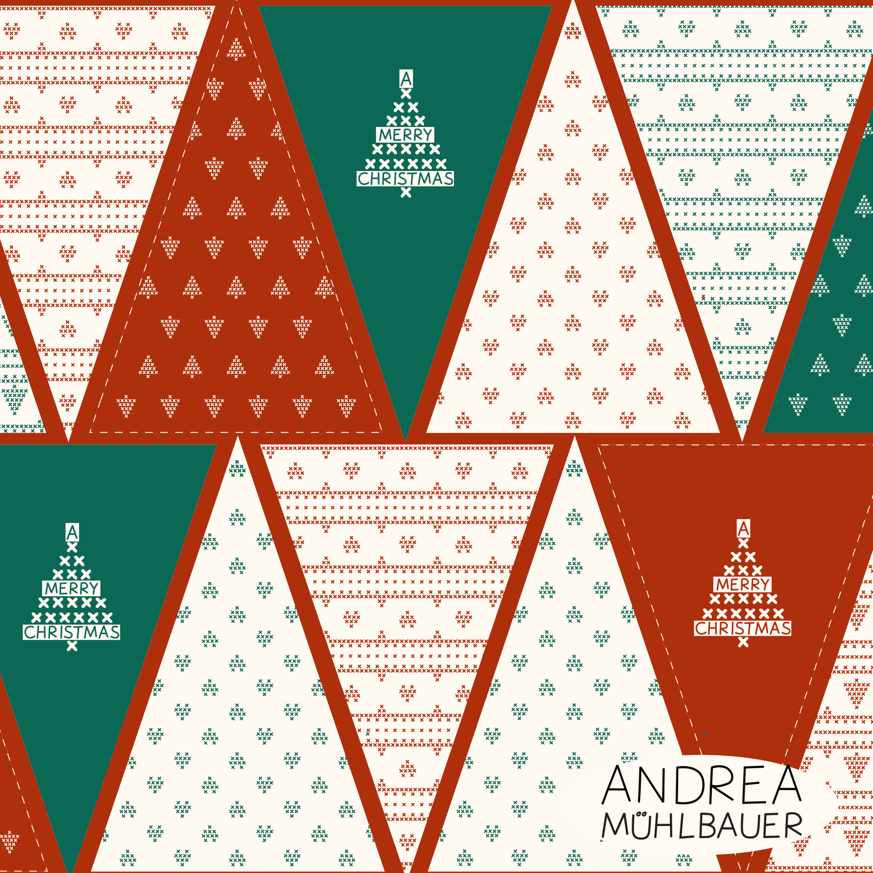 Bio Stoff - 50 cm Panel Weihnachts-Wimpel Kreuzstich von Andrea Muehlbauer in grün und rot