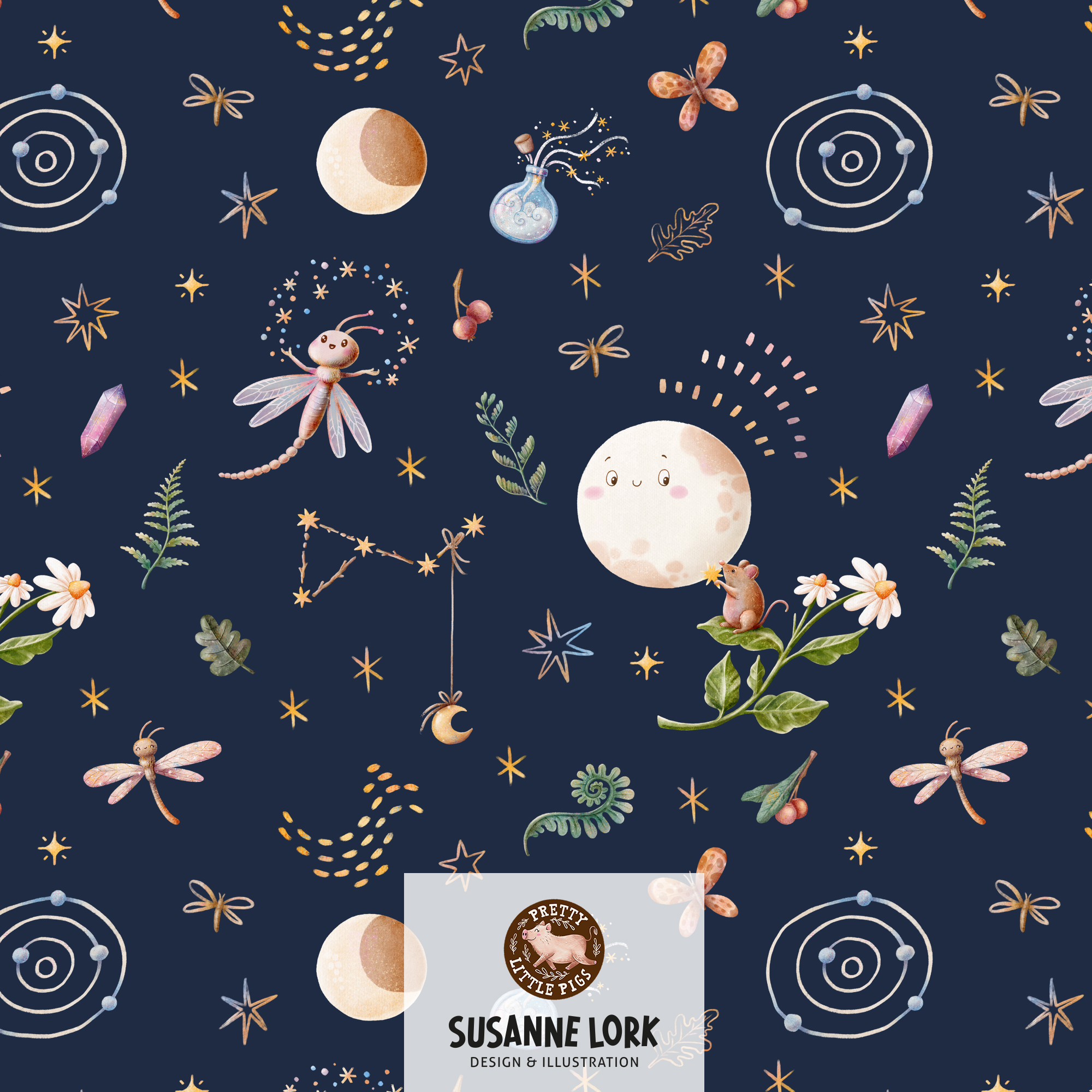 Bio Stoff - Magical Forest Mond Dunkelblau von Pretty Little Pigs in blau