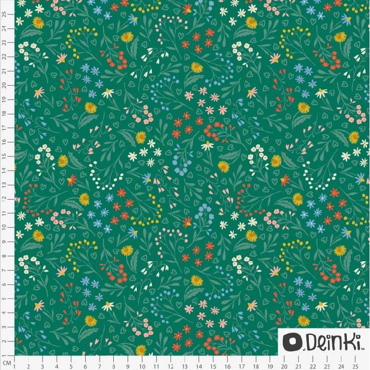 Bio Stoff  - Bluemchen Und Herzchen Grün  - Deinki, grün, Blumen