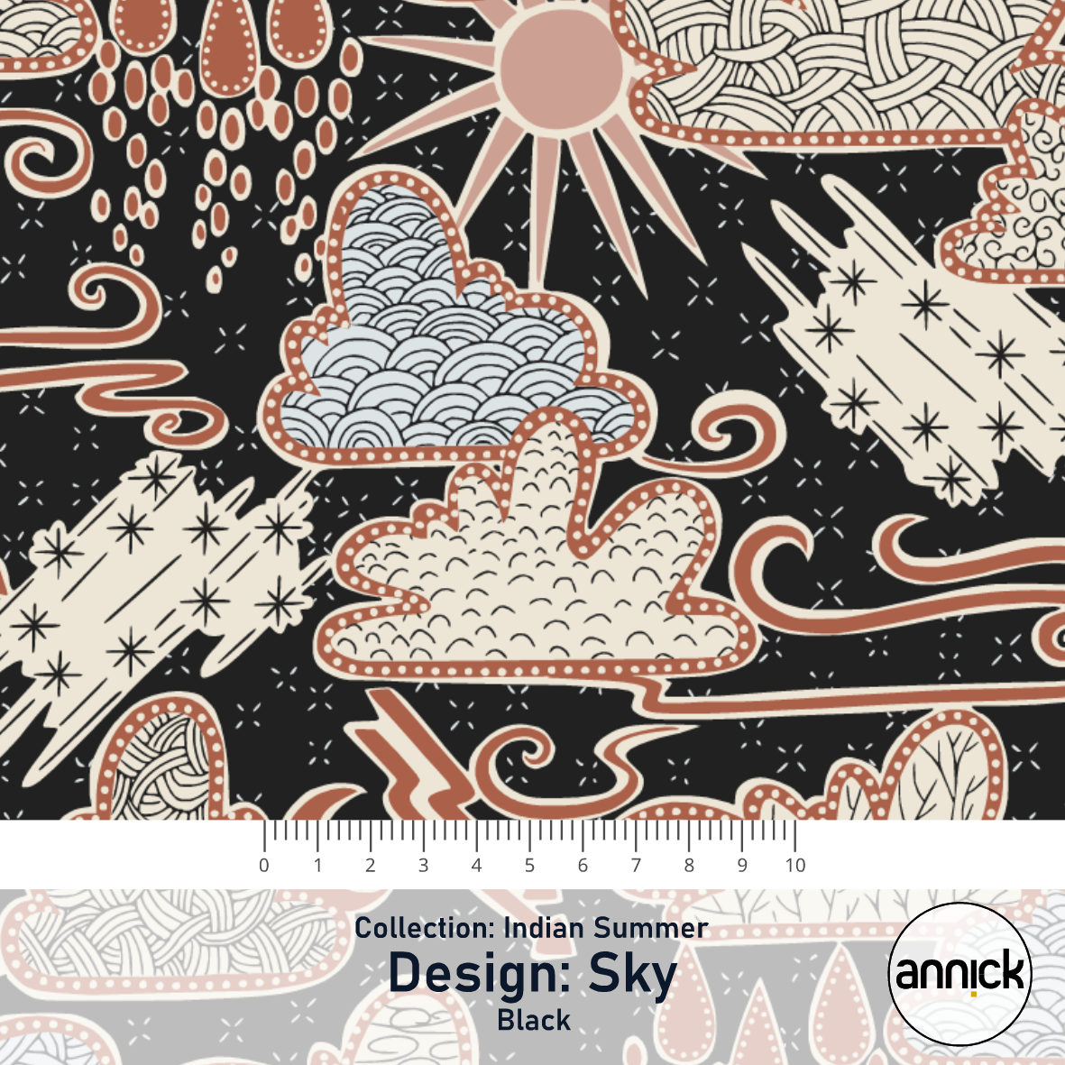 Bio Webware Stoff  -  Indian Summer Sky Black  - Annick, Abstrakt, Herbst, Wetter, schwarz, 100% Bio-Baumwolle
