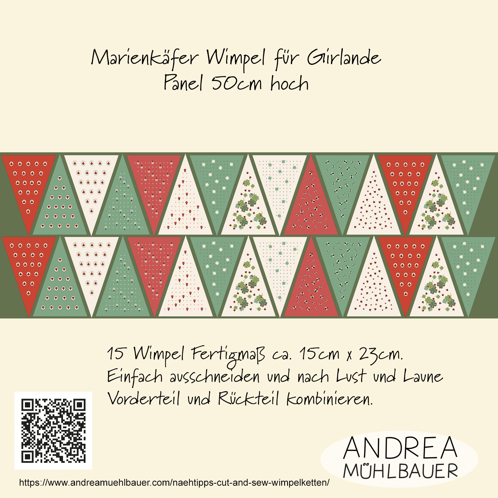 Bio Stoff - 50 cm Panel Marienkaefer Party Wimpel von Andrea Muehlbauer in rot und grün Bio Stoff - 50 cm Panel Marienkaefer Party Wimpel von Andrea Muehlbauer in rot und grün