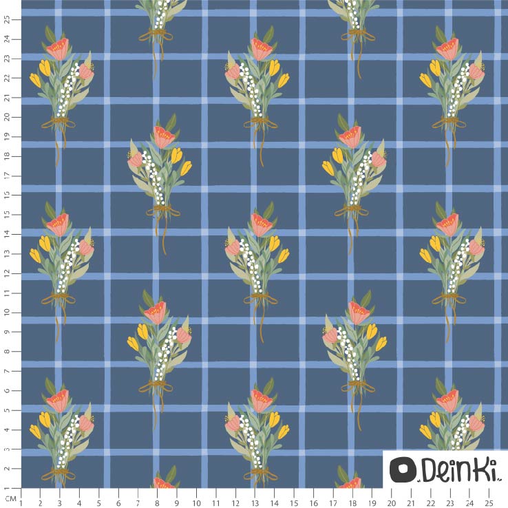 Bio Summersweat Stoff  -  Blumenstrauss  - Deinki, Frühling, Floral & Blumen, blau, Kariert, Breite 150 cm