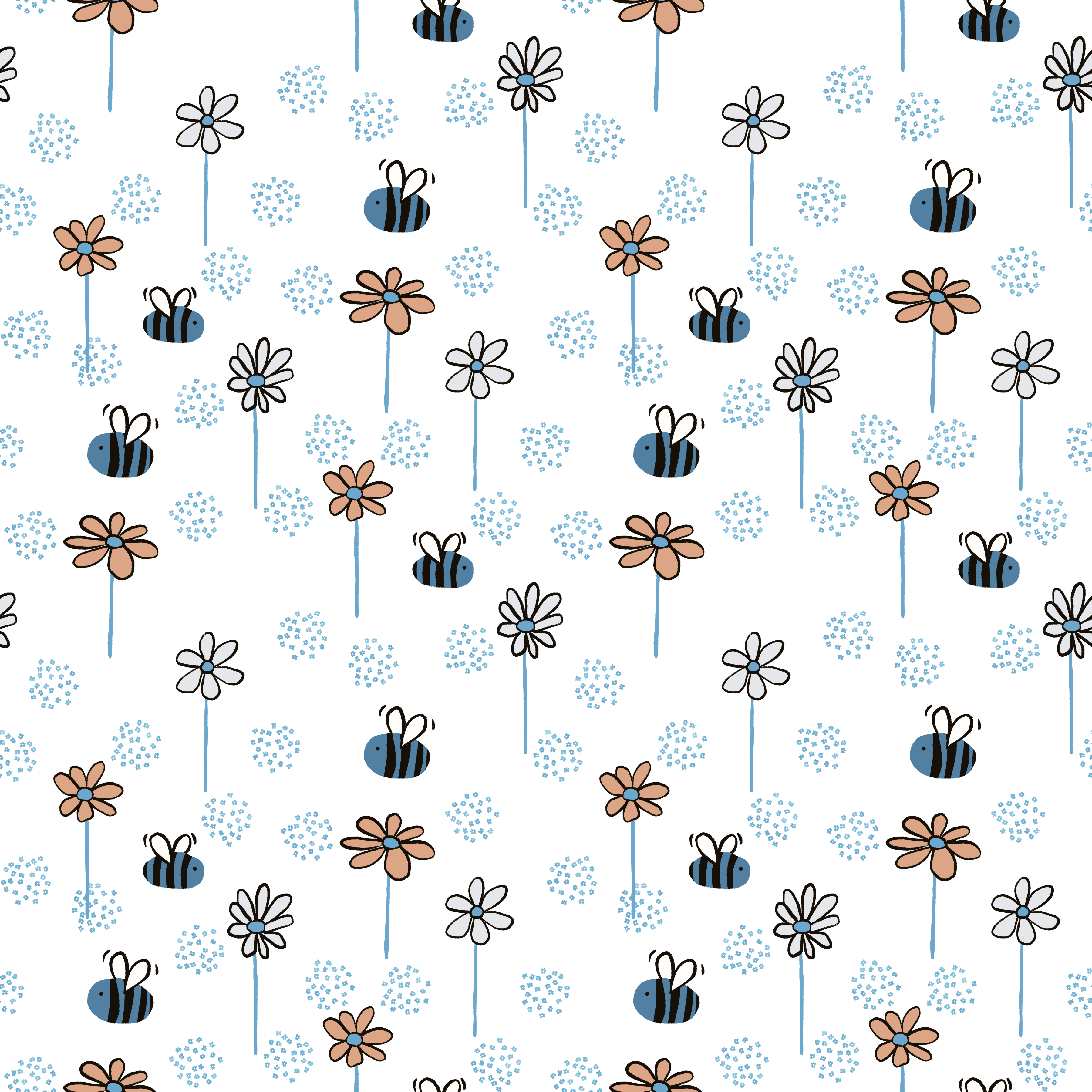 Bio Stoff  - Bienen in Blumen blau