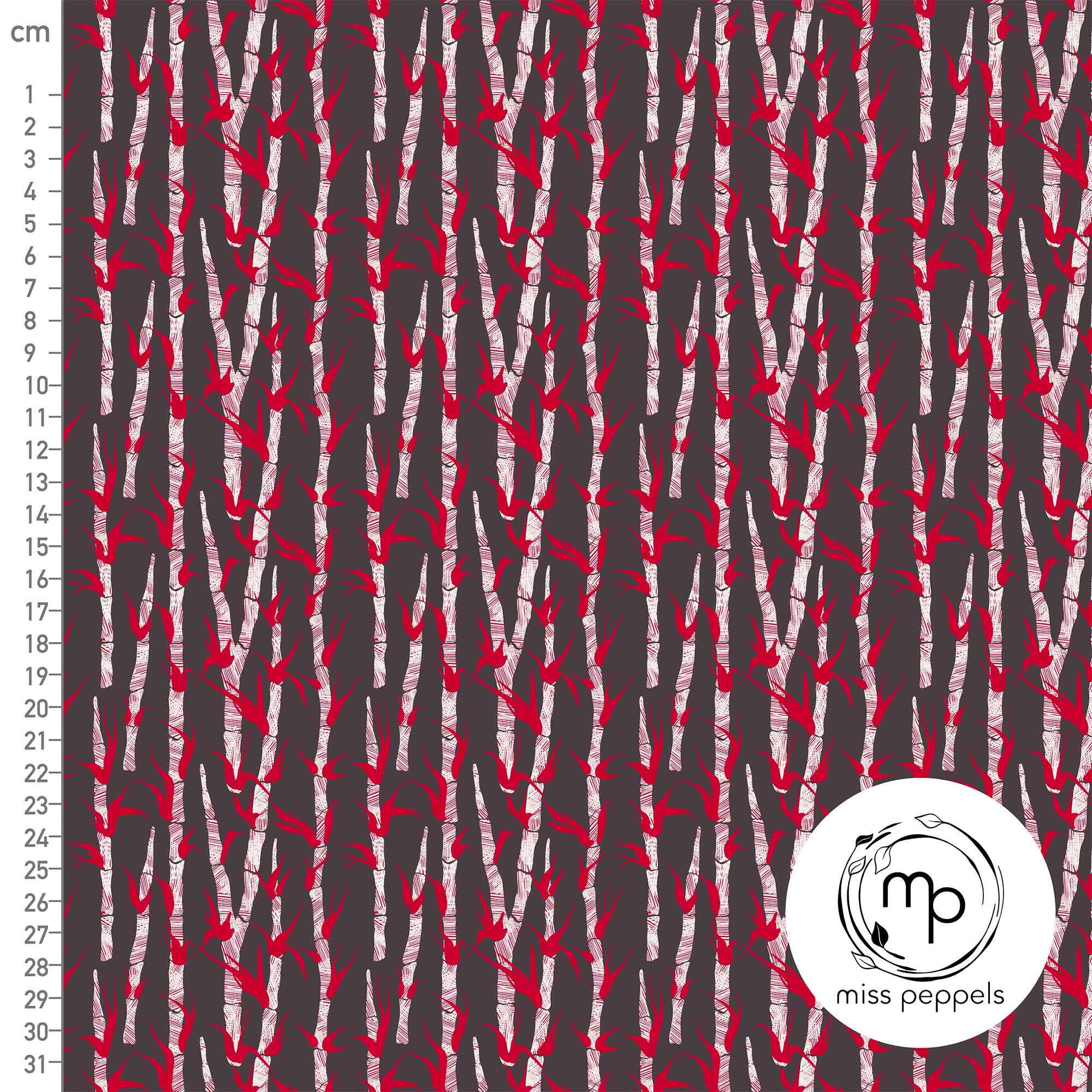 Bio Summersweat Stoff  -  Bambus Rot Grau - misspeppels, Blätter & Ranken, Schwarz, Breite 150 cm
