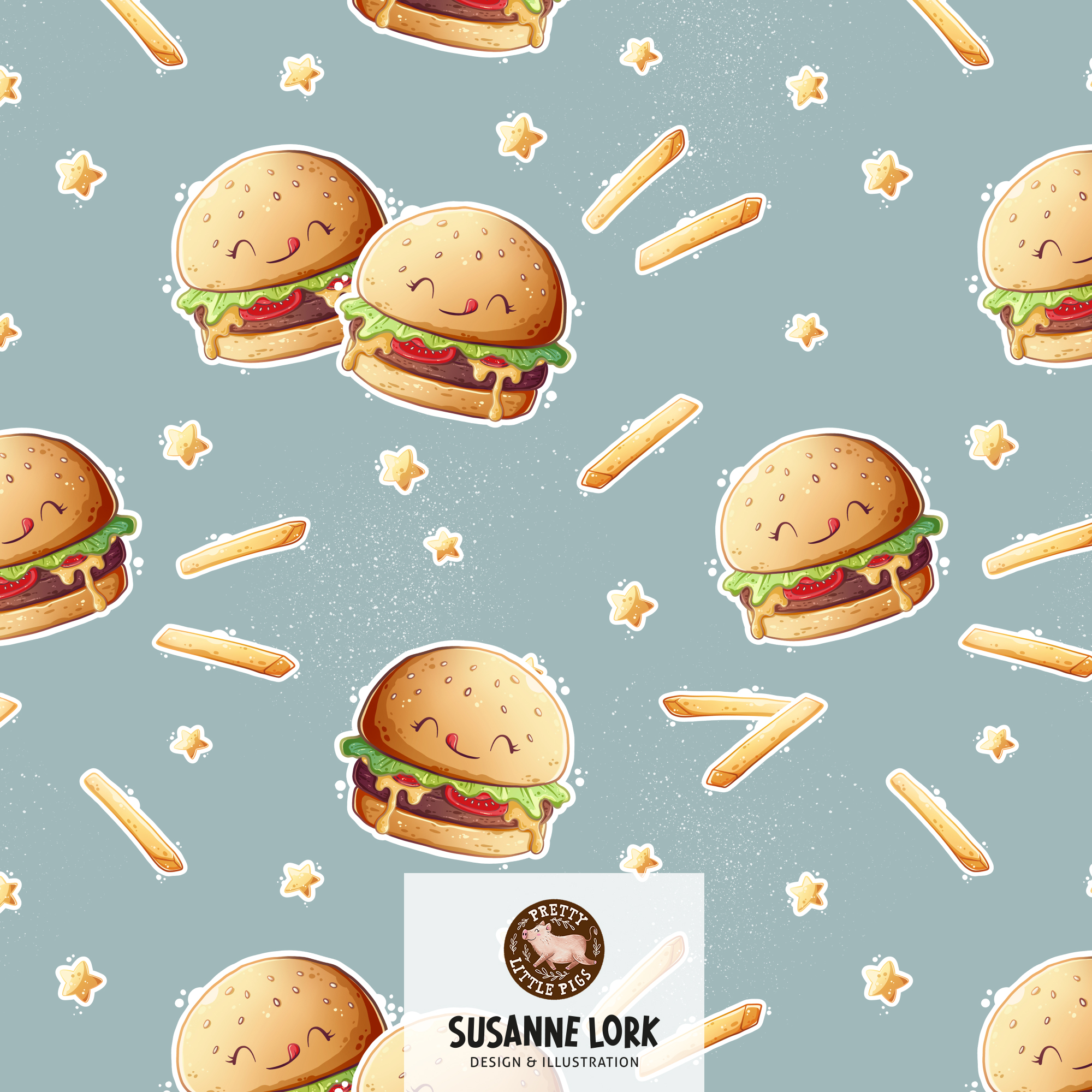 Organic Fabric - Burger Dusty Blue by Pretty Little Pigs in blue