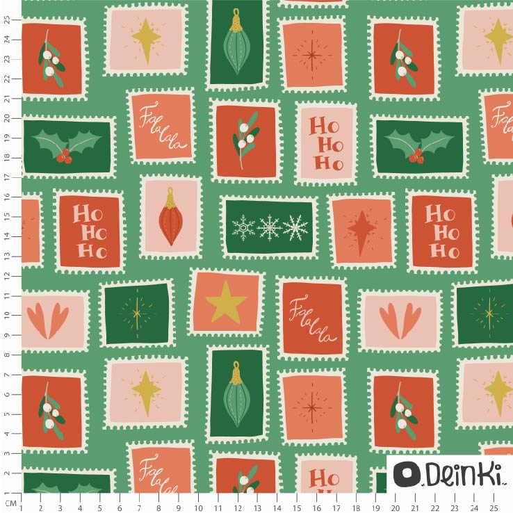 Bio Webware Stoff - Weihnachtsbriefmarken Grün - Deinki, grün, Weihnachten, 100% Bio-Baumwolle Bio Webware Stoff - Weihnachtsbriefmarken Grün - Deinki, grün, Weihnachten, 100% Bio-Baumwolle