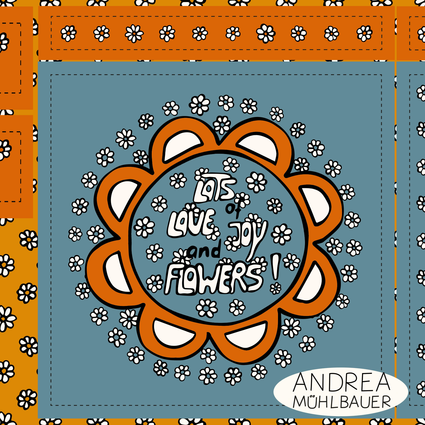 Bio Stoff  - 50 cm Panel Tasche Lots of Flowers Blau Orange - AndreaMuehlbauer, bunt, Blumen, Cut & Sew