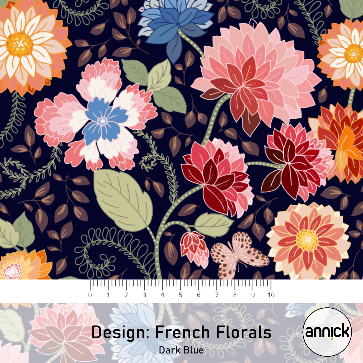 Bio Stoff  -  French Florals Dark Blue  - Annick, Floral & Blumen, blau