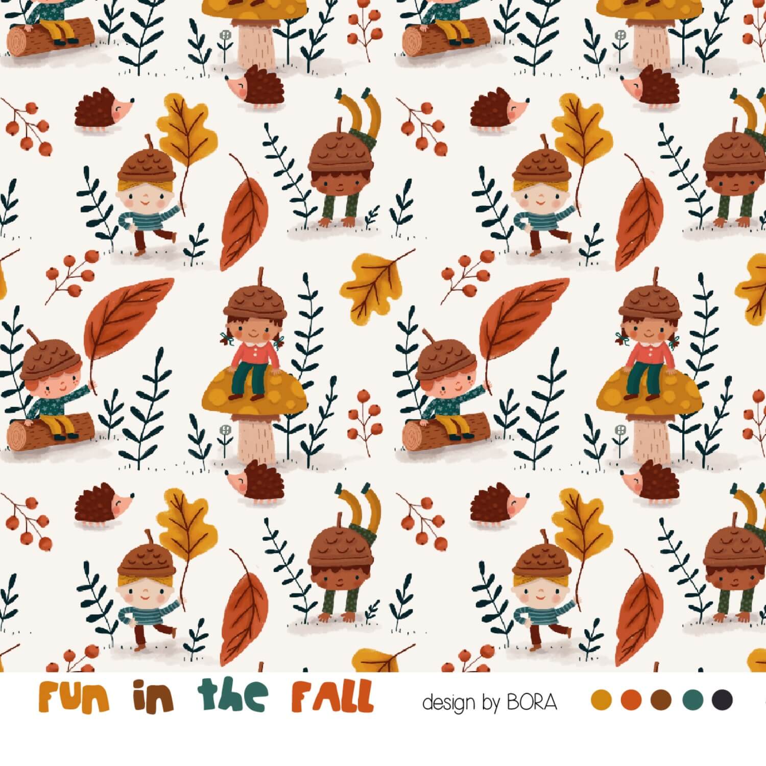 Bio Webware Stoff  -  Fun In The Fall  - Bora, Tiere, creme, Blätter & Ranken, 100% Bio-Baumwolle