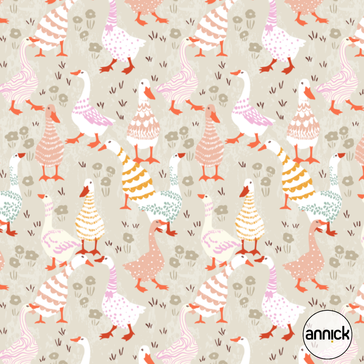 Bio Stoff - Goose Family Pink And Orange von Annick in rosa und orange Bio Stoff - Goose Family Pink And Orange von Annick in rosa und orange