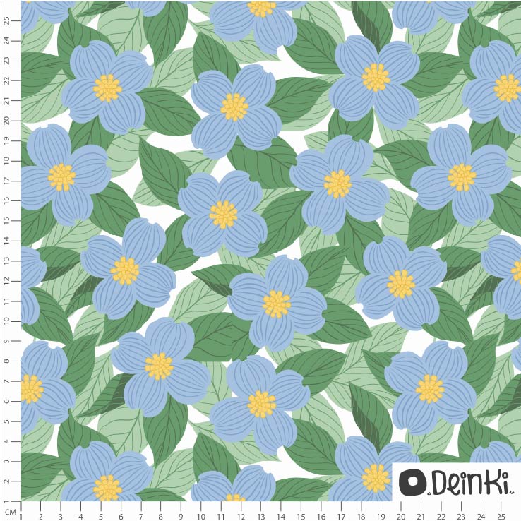 Bio Stoff  - Hartriegelblumen Weiss Hellblau - Deinki, blau, Floral & Blumen, Frühling
