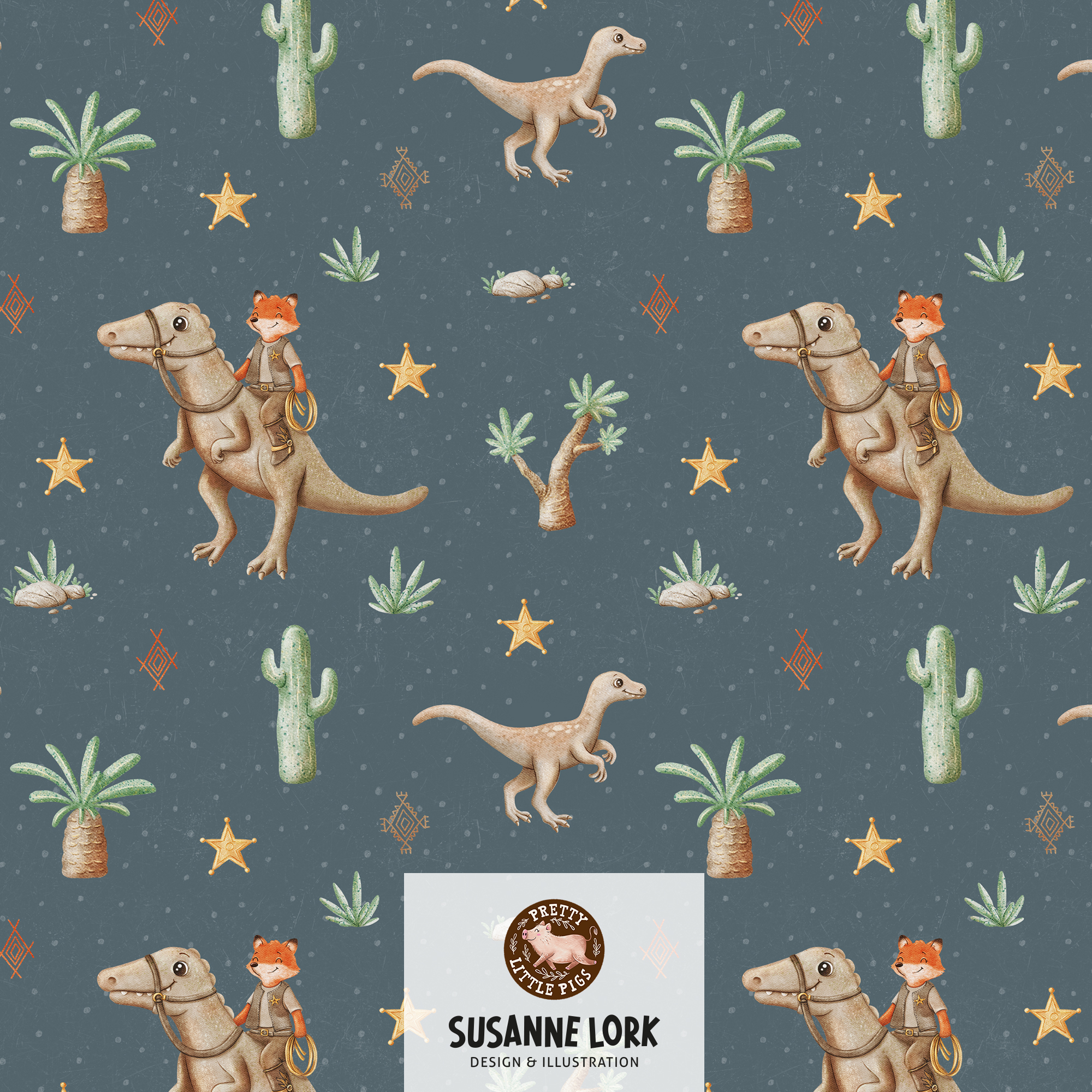 Bio Webware Stoff - Dino Cowboy Klein - PrettyLittlePigs, Dinosaurier, grau, 100% Bio-Baumwolle Bio Webware Stoff - Dino Cowboy Klein - PrettyLittlePigs, Dinosaurier, grau, 100% Bio-Baumwolle