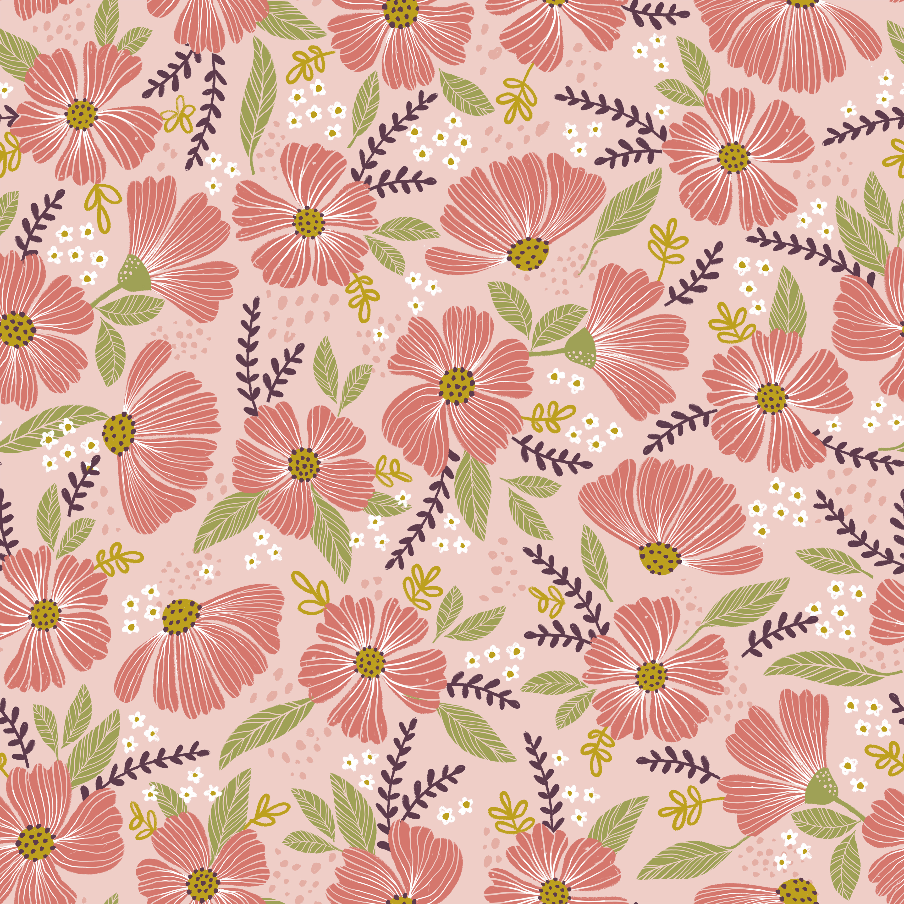 Bio Stoff  -  Flowers  - PetraCoumans, Floral & Blumen, rosa, Blätter & Ranken
