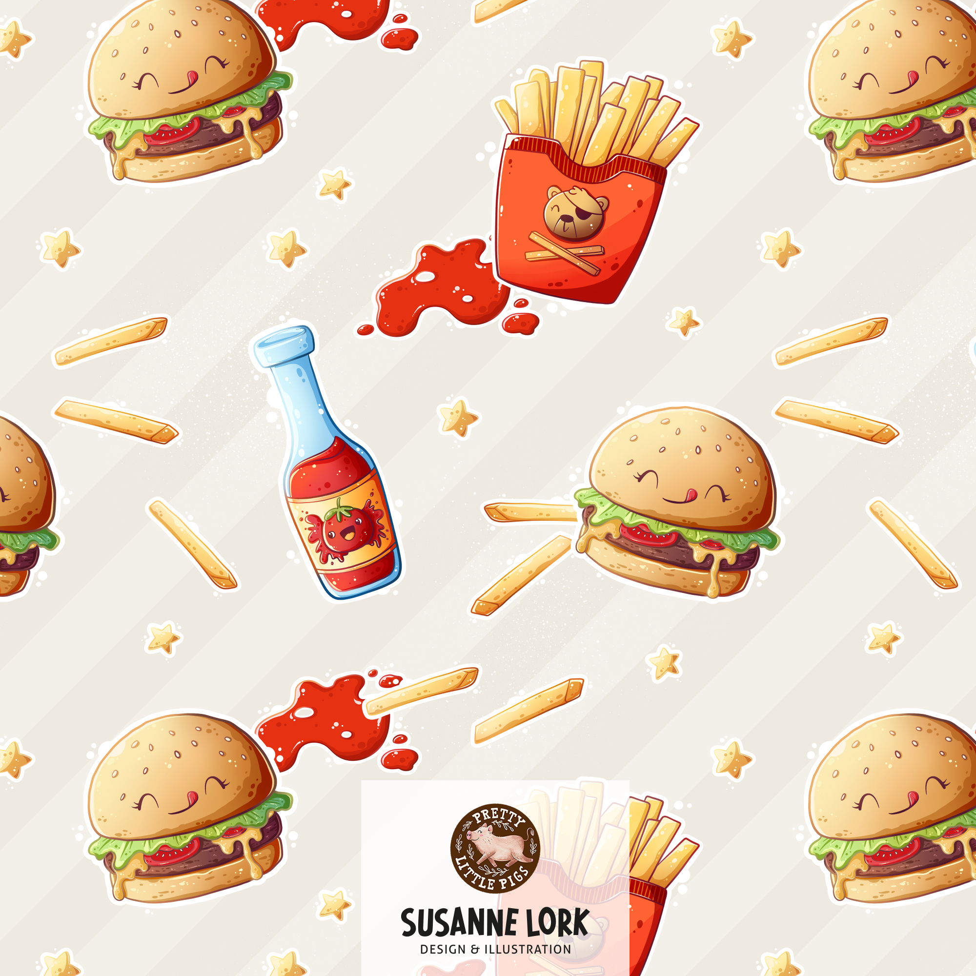 Organic Fabric - Fast Food Cream by Pretty Little Pigs in cream
