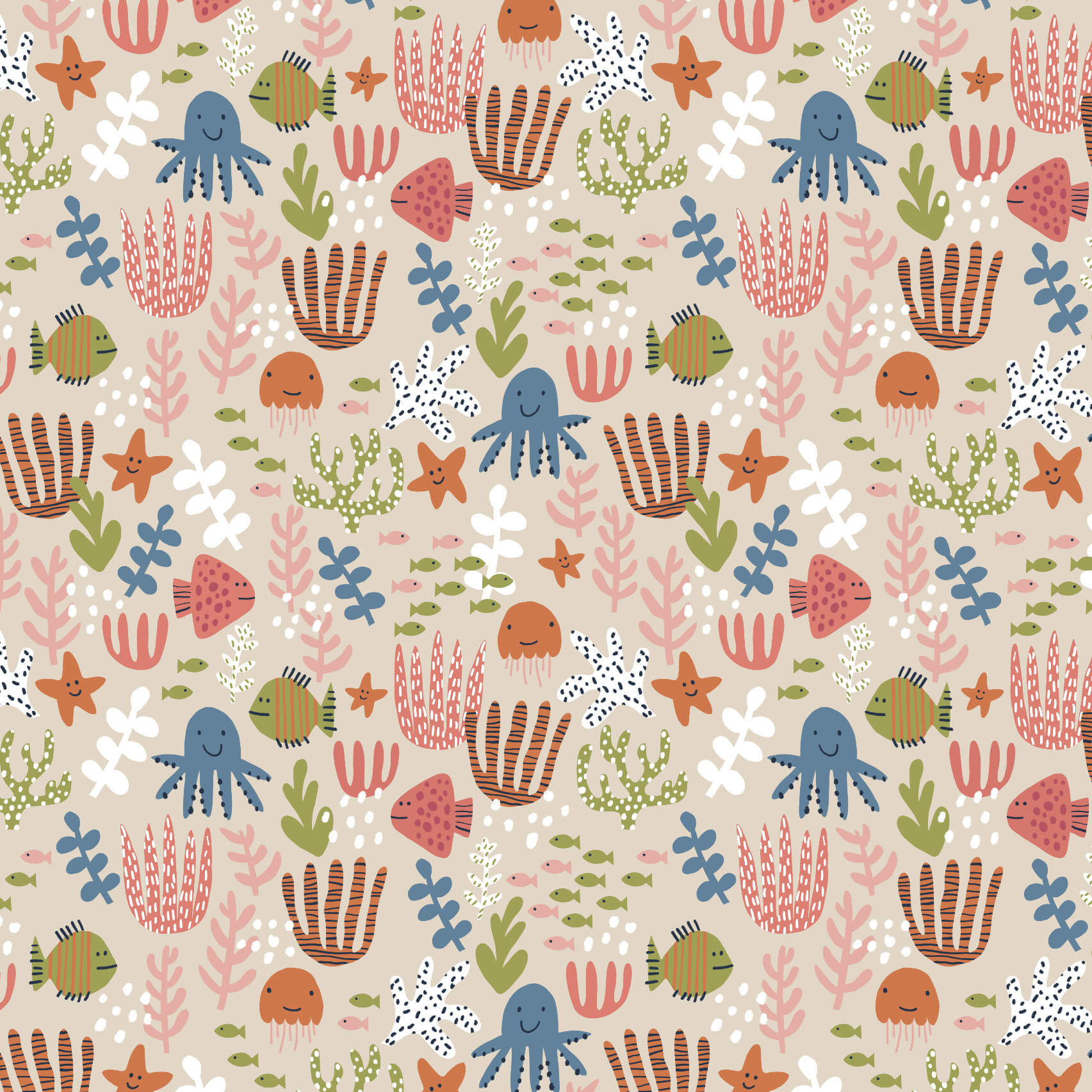 Bio Stoff  -  Tropical Sea  - PetraCoumans, Tiere, Blätter & Ranken, bunt, Maritim, beige