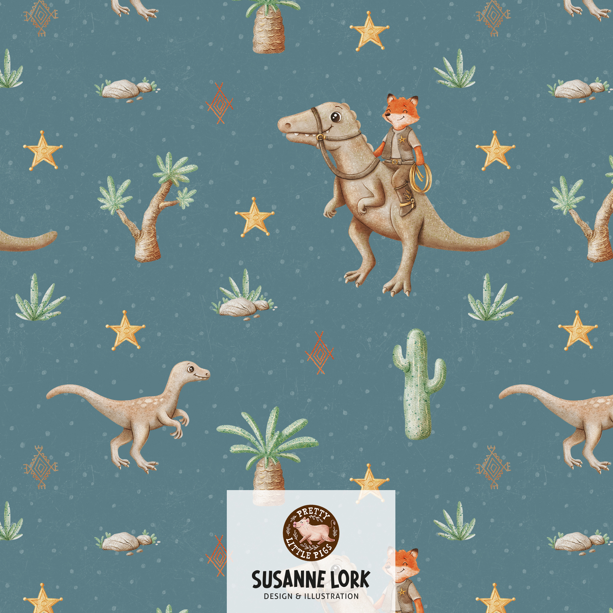 Bio Webware Stoff - Dino Cowboy Petrol - PrettyLittlePigs, Dinosaurier, petrol, 100% Bio-Baumwolle Bio Webware Stoff - Dino Cowboy Petrol - PrettyLittlePigs, Dinosaurier, petrol, 100% Bio-Baumwolle