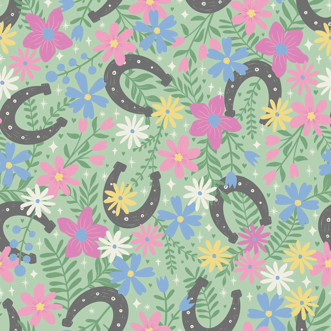 Organic Fabric - Horseshoes And Flowers Green by Deinki in green Organic Fabric - Horseshoes And Flowers Green by Deinki in green