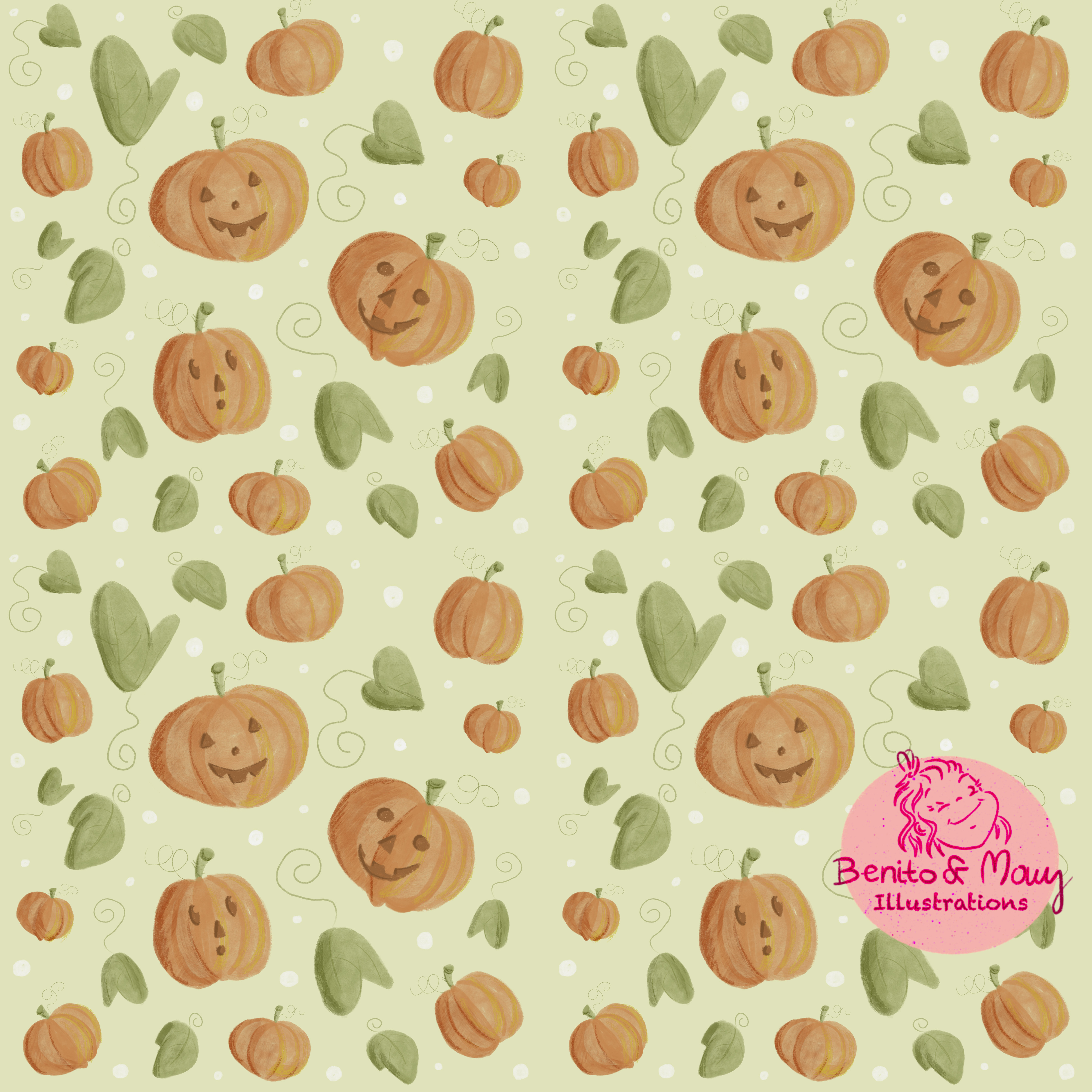 Bio Stoff  -  Spooky Kürbisparade Hellgrün  - BenitoUndMausIllustrations, beige, Abstrakt, Halloween, grün