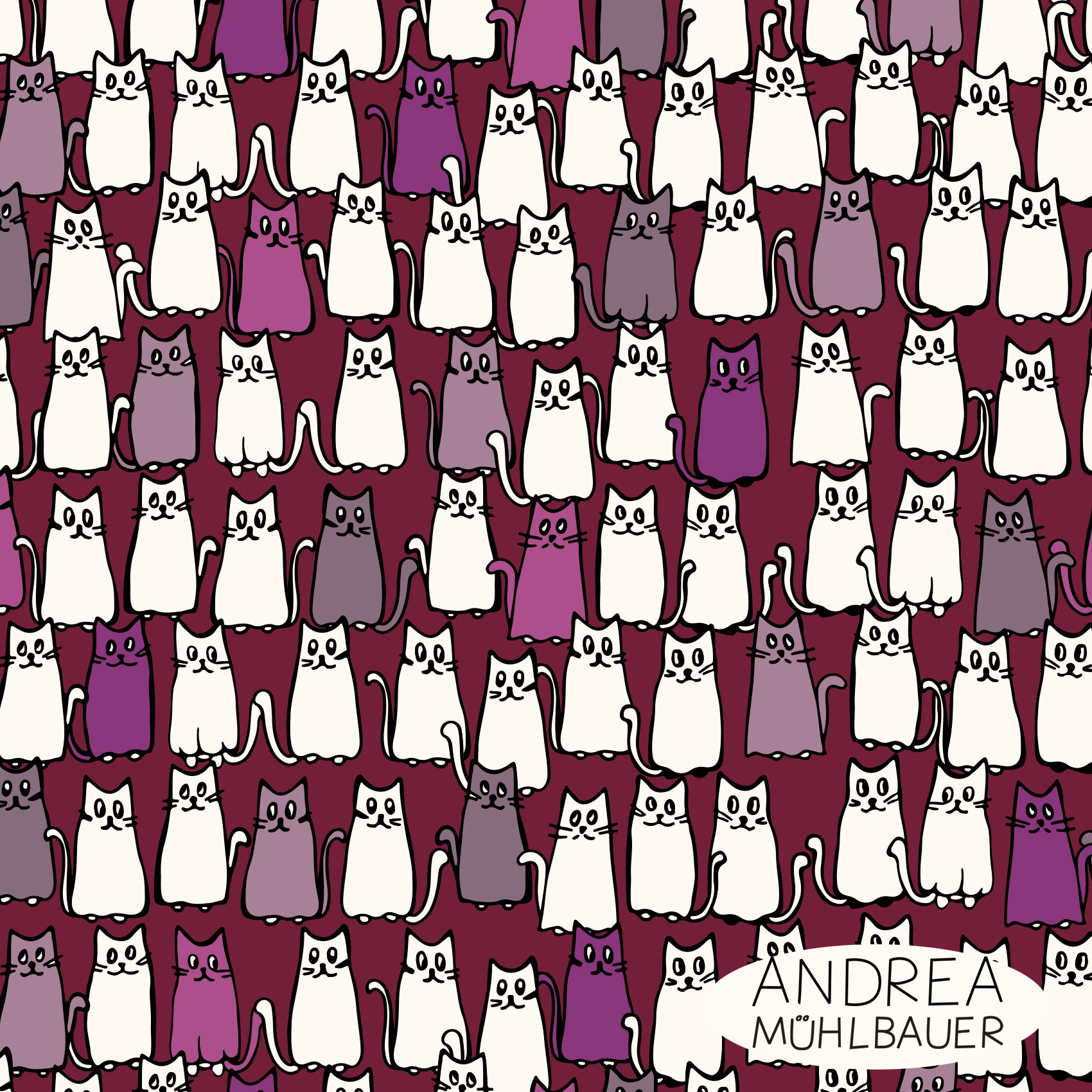 Organic Fabric - Cats Purple by Andrea Muehlbauer in purple