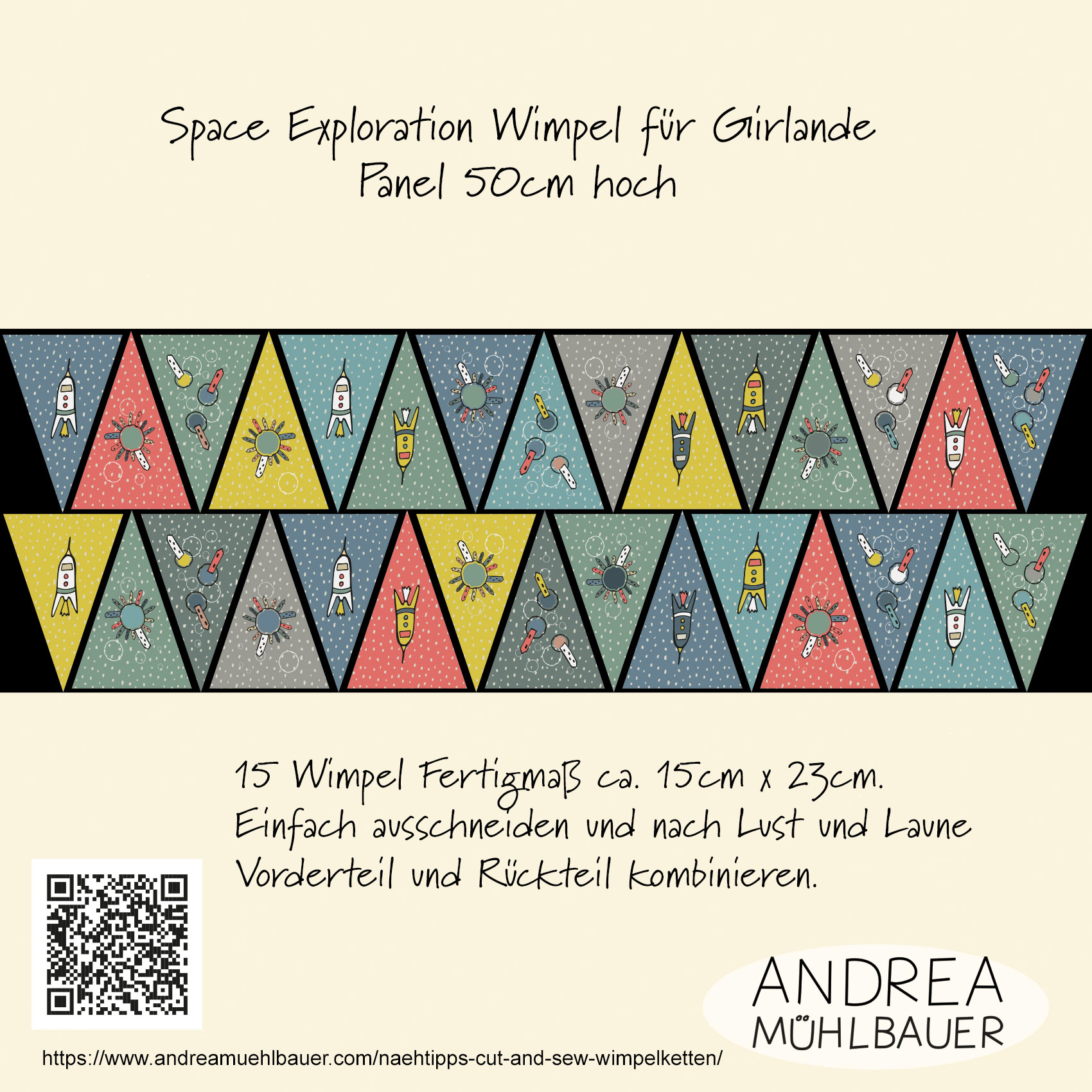 Bio Stoff -  50 cm Panel Space Exploration Party Wimpel von Andrea Muehlbauer in bunt