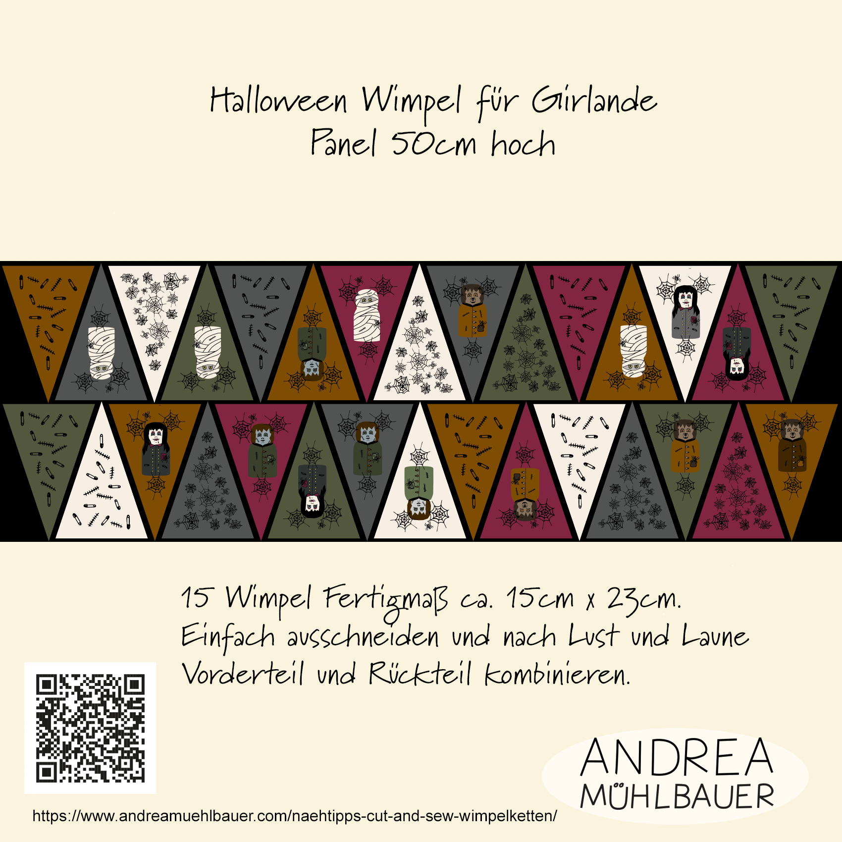 Bio Stoff - 50 cm Panel Halloween Monster Wimpel von Andrea Muehlbauer in schwarz Bio Stoff - 50 cm Panel Halloween Monster Wimpel von Andrea Muehlbauer in schwarz