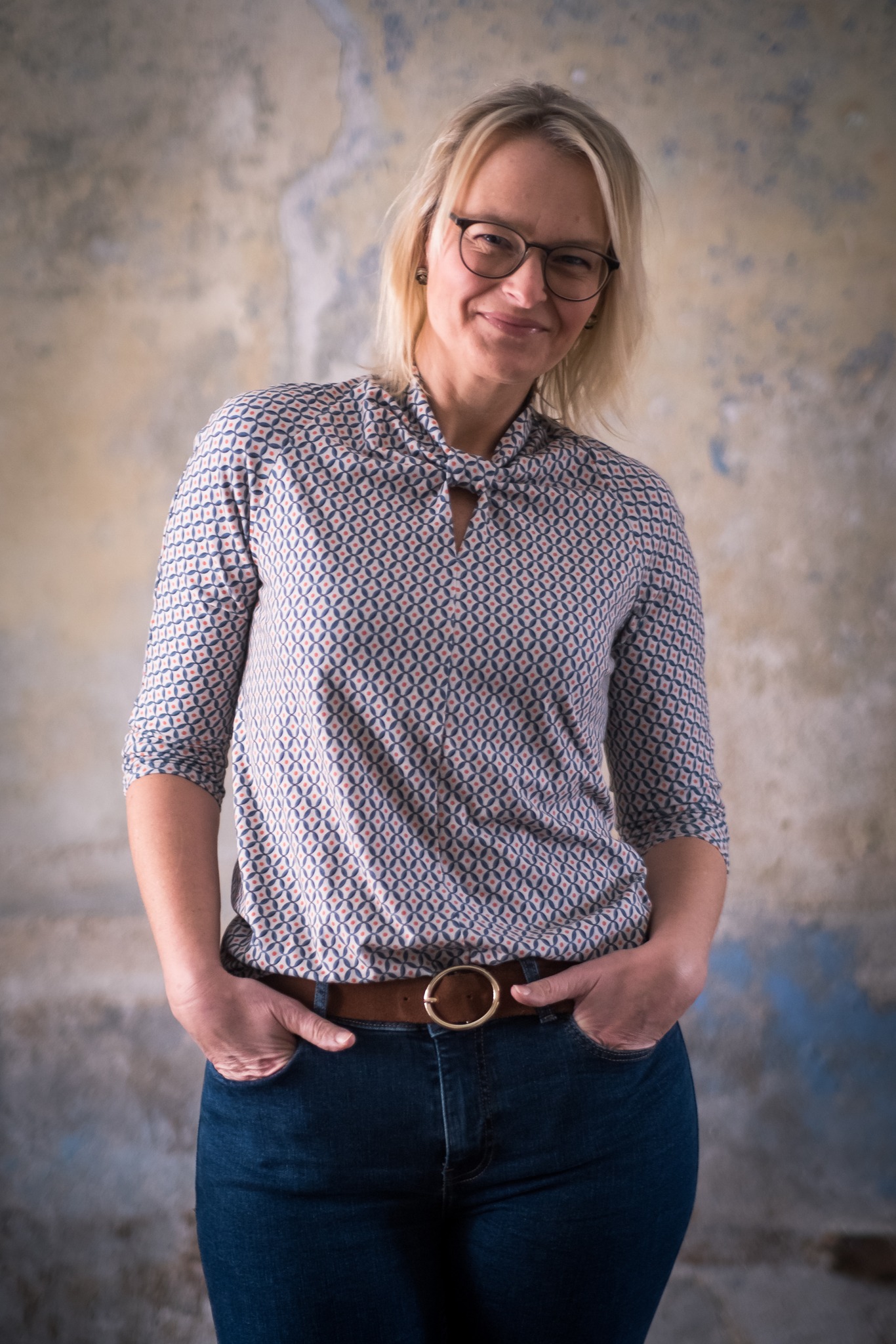 Bio Webware Stoff  -  Musterei  - LisaSanders, blau, Ornamente, orange, 100% Bio-Baumwolle