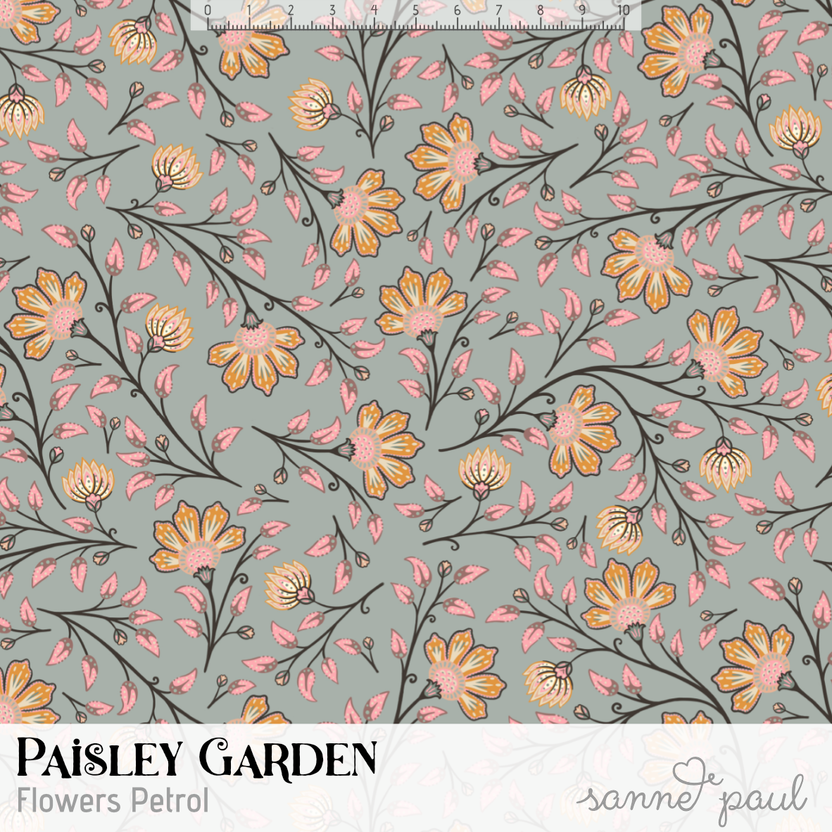 Organic Fabric  - Paisley Garden Flowers Petrol